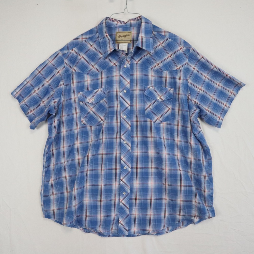 Wrangler Shirt Mens 2XL XXL Western Cowboy Pearl Snap Blue Plaid Short Sleeve